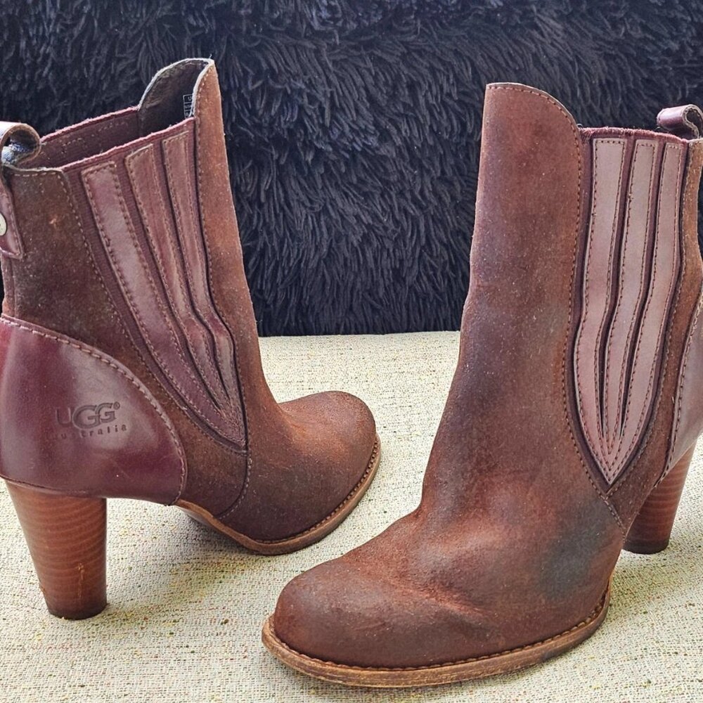 Ugg Australia Ladies Heel Boots Shoes Real Fur Sole Bed Brown Leather Size 8.5US - Picture 2 of 14